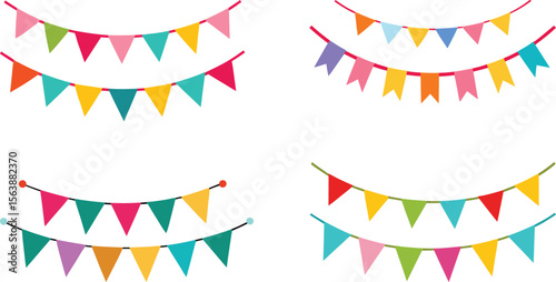 Vector art of a set of colorful triangle bunting flags, isolated on transparent background, perfect for party decorations and celebrations