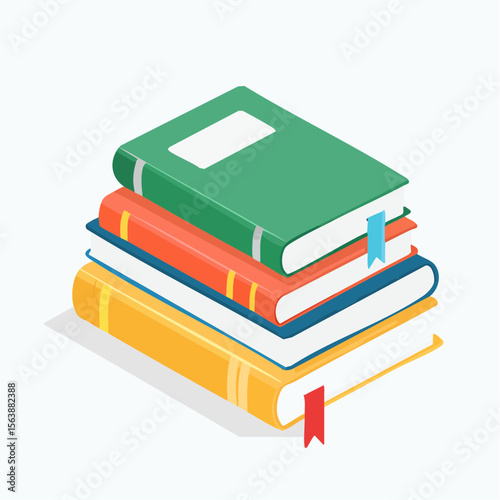 Stacked Books: An inviting stack of colorful books beckons, ready to transport you to realms of knowledge, exploration, and untold stories. This illustration captures the essence of learning, reading.