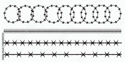 high-quality editable barbed wire vector illustration with loops, coils, and spikes