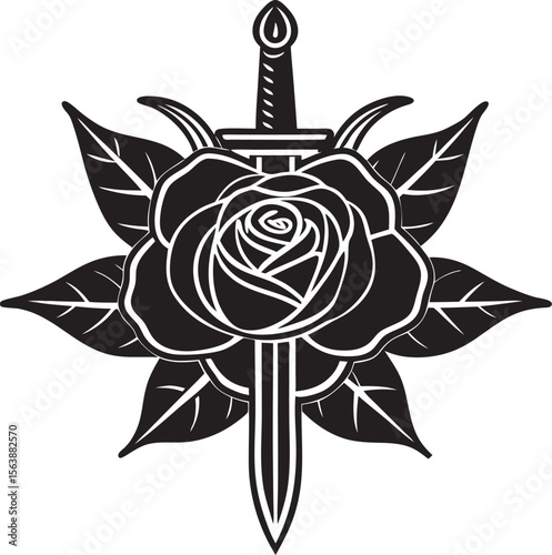 Sword piercing rose surrounded by leaves black white