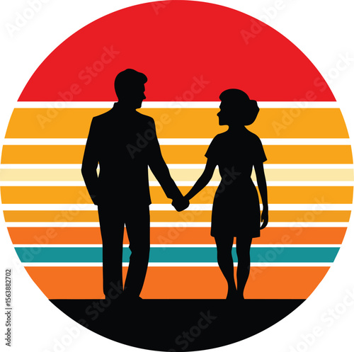 Couple holding hands silhouette on retro vintage striped sunset