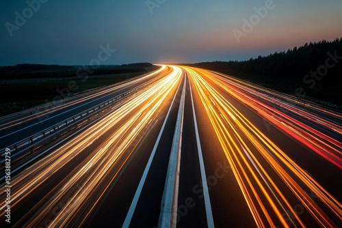 Traffic lights create streaks along a highway at dusk with a forest backdrop