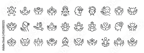 Meditation, wellness, mindfulness, spa – thin line web icon set. Outline icons collection. Simple vector illustration.