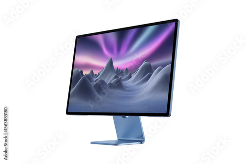 Modern computer monitor displaying a vibrant aurora borealis over snow capped mountains