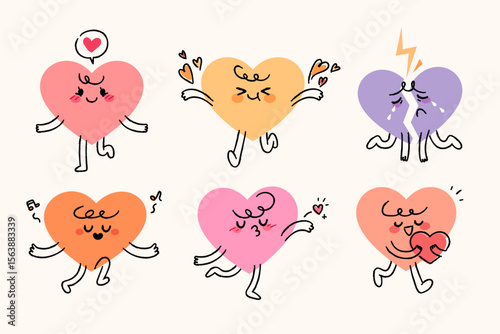 A collection of cute heart personified characters. Various heart characters expressing joy and love.
