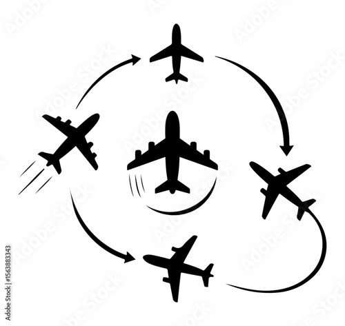 Airplane Flight Path Vector – Curved Jet Route with Dotted Line on Blue Background
