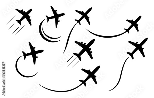 Airplane Flight Path Vector – Curved Jet Route with Dotted Line on Blue Background