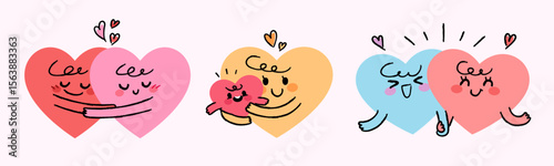 A collection of cute heart-shaped personified characters. Loving couples, mothers and children.