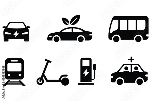 Collection of electric vehicle and transportation icons isolated on white background
