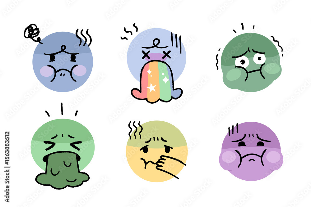 Obraz premium Vomiting face icon. Set of disgusting or nauseated person face illustrations.