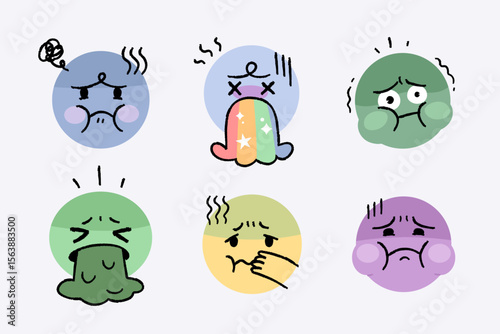 Vomiting face icon. Set of disgusting or nauseated person face illustrations.