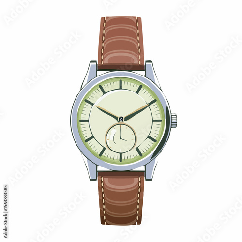 Classic Wristwatch: A timeless wristwatch with a silver case, cream-colored dial, and brown leather strap. The watch features elegant hands, simple markers, and a sub-dial.  