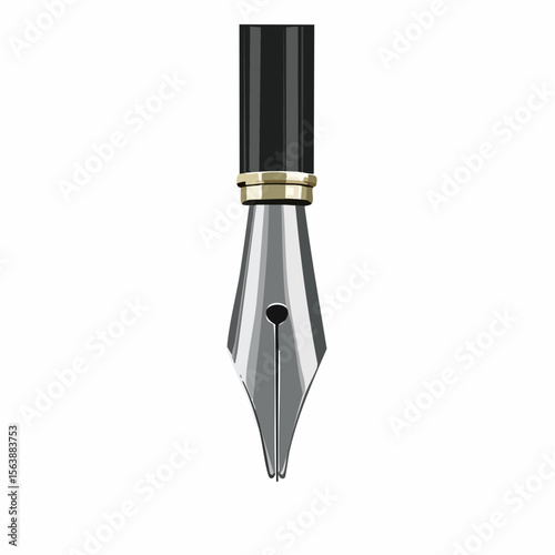 Fountain Pen Nib Close-up: Elegant close-up shot of a fountain pen nib, showcasing its intricate details and metallic sheen. The nib is sharply focused against a clean background.