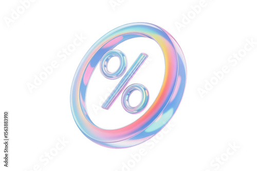 Holographic percentage symbol with iridescent sheen and subtle reflections on a dark background
