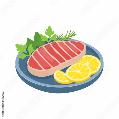 Gourmet Dish: A vibrantly illustrated dish showcases a meticulously presented steak, adorned with zesty lemon slices and aromatic herbs, offering a feast for the eyes and an invitation to indulge.
