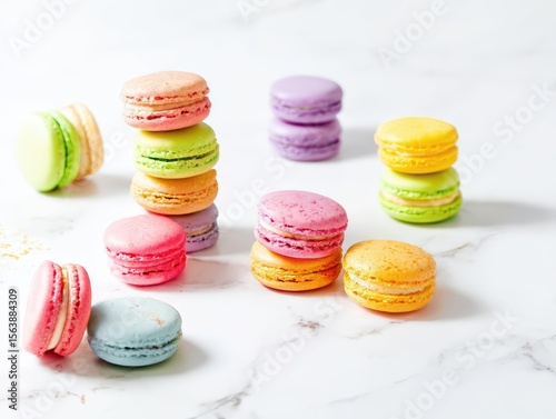 A vibrant assortment of macarons in various colors is creatively stacked and scattered across a smooth white marble surface, showcasing their delicate texture and inviting appearance