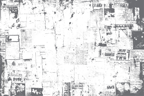 Peeling newspaper wall collage with grunge effect. Abstract torn paper texture design. Ideal for poster artwork and visual assets.