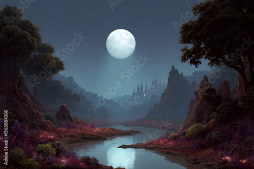 Enchanted valley under luminous moon with distant fairytale city fantasy landscape night