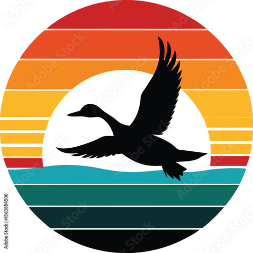 Duck flying over lake silhouette on retro vintage striped sunset
