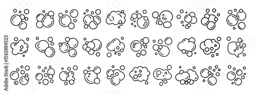 Soap bubbles, cleaning foam, wash hygiene – thin line web icon set. Outline icons collection. Simple vector illustration.