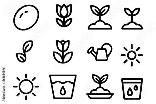 Collection of plant growth icons showing seed sprout flower watering and sun isolated on white background