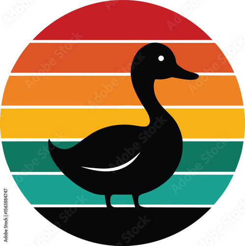 Duck silhouette on retro vintage striped sunset