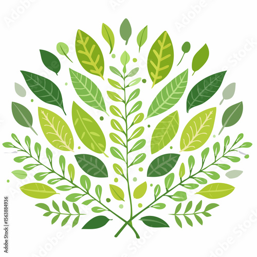 Verdant Foliage Composition: A meticulously designed composition of various leaves, arranged in a symmetrical and artful manner, showcasing the beauty of plant life with fresh, vibrant tones.