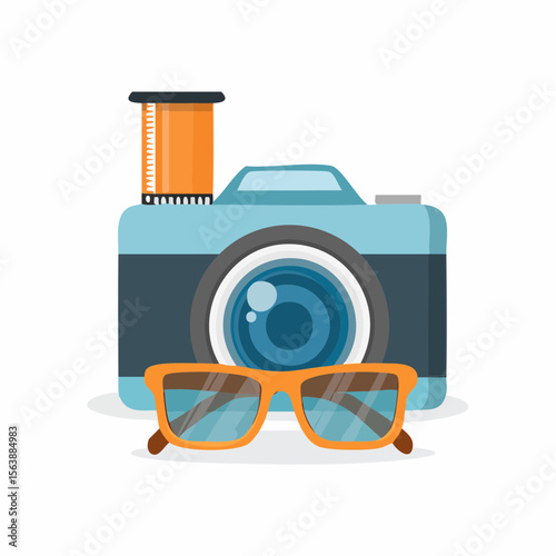Photography accessories: A stylized depiction of a classic camera accompanied by film roll and a pair of vibrant sunglasses, capturing the essence of visual storytelling and leisure.
