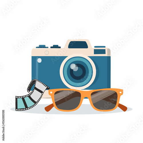 Snapshot of Summer Essentials: A vintage camera, film roll, and sunglasses compose a vibrant flatlay. Capturing the essence of travel, leisure, and photography with playful composition.