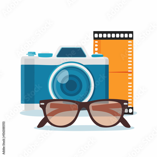 Capture The Moment: An artistic composition that features a camera, film, and sunglasses, designed to embody the beauty of photography and the art of capturing the world around. 