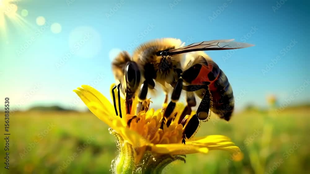 Close up of a bee collecting pollen from a bright yellow flower in a sunny field outdoors