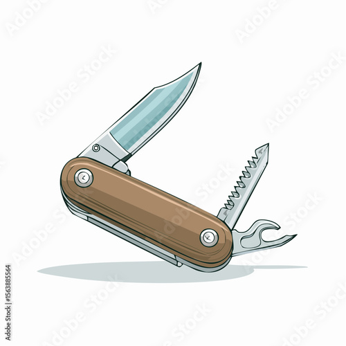 Versatile Pocket Knife: A meticulously crafted pocket knife, the quintessential tool for adventurers, displaying open blade and useful attachments, isolated on clean surface.
