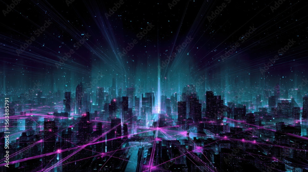 Fototapeta premium Futuristic neon cityscape with digital network connections and light beams