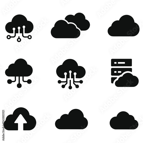 Cloud Computing Icon Set – Solid Black Vector Symbols for Upload, Download, and Storage