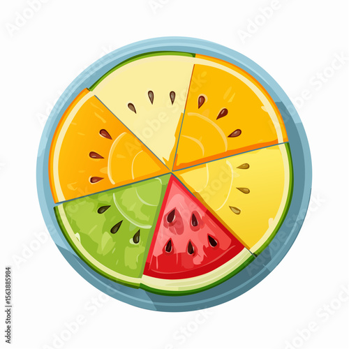 Vibrant Fruit Slice: A colorful array of juicy fruit slices arranged in a circular pattern on a light blue plate, offering a refreshing visual treat for healthy living.