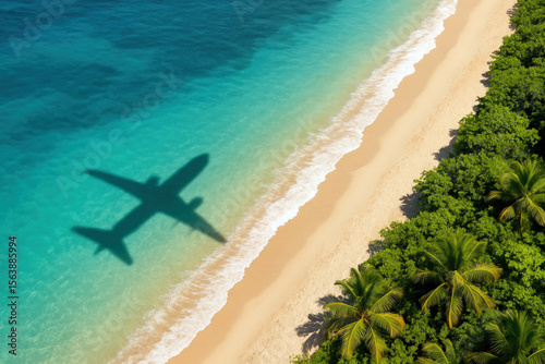 Airplane shadow over turquoise ocean and sandy beach with palm trees turquoise water