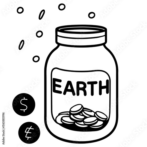 Glass jar with “Earth” label and coins inside (green finance)
