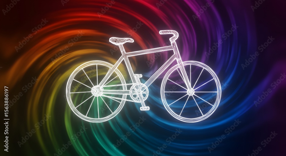 Fototapeta premium Neon Wireframe Bicycle on Rainbow Swirl Background: Abstract Cycling Art