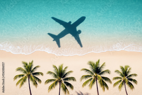 Fototapeta Naklejka Na Ścianę i Meble -  Airplane shadow over turquoise ocean waves and sandy beach with palm trees image