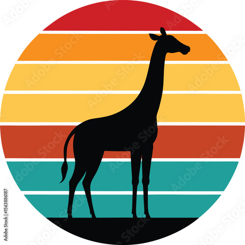 Giraffe silhouette on retro vintage striped sunset