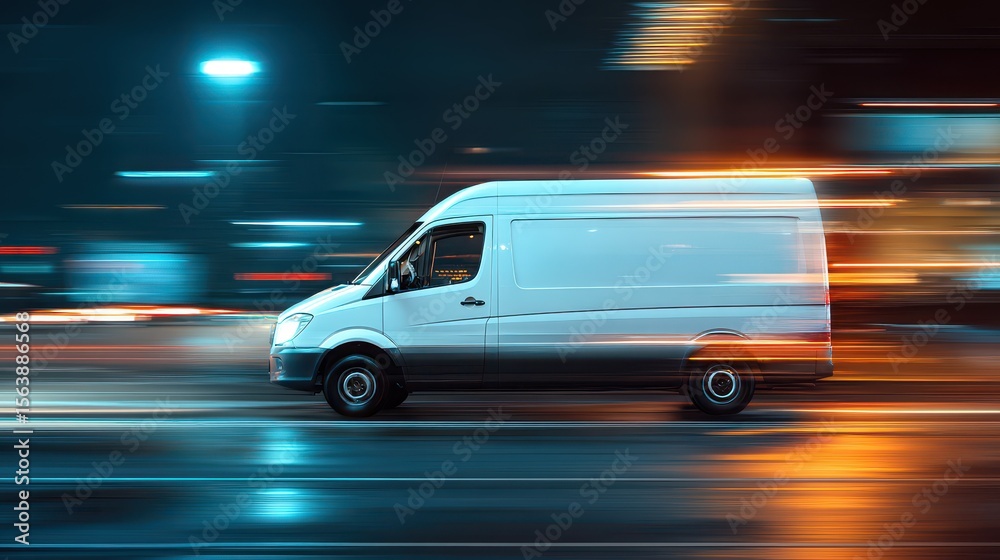 Naklejka premium Small Bus. White Modern Delivery Van on Fast-paced Urban Highway