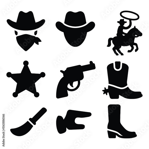 Collection of western cowboy icons and symbols isolated on white background