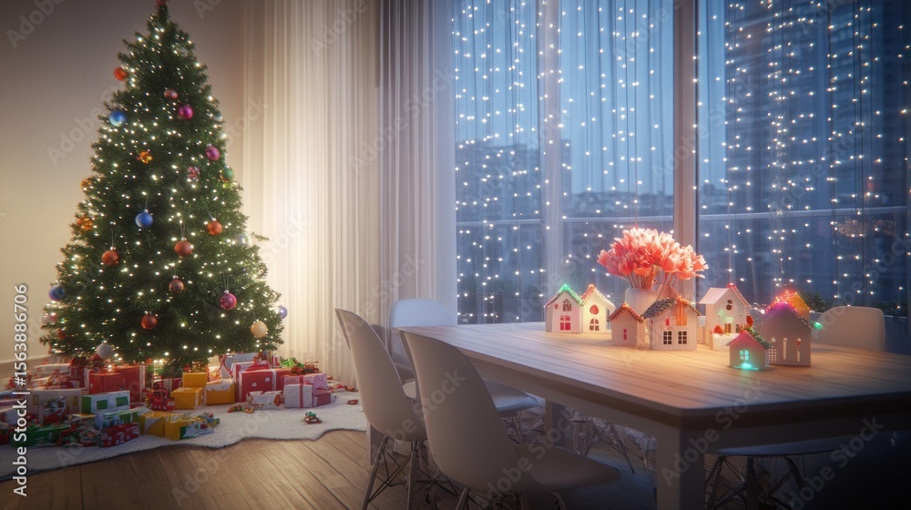 Obraz premium Cozy christmas dining room scene with christmas tree and festive decorations.
