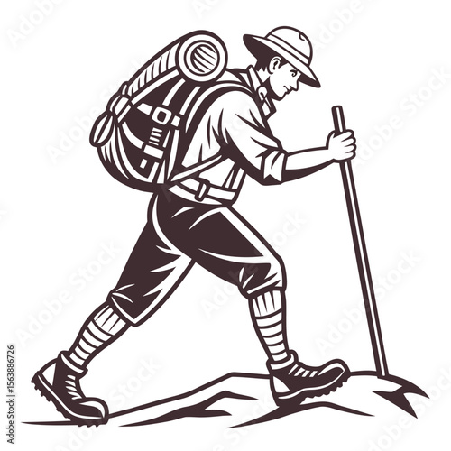Adventurous hiker with a large backpack and walking stick climbing a rocky terrain depicted in a stylized line art illustration isolated on transparent background