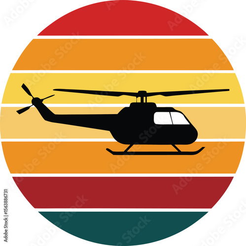 Helicopter flying silhouette on retro vintage striped sunset