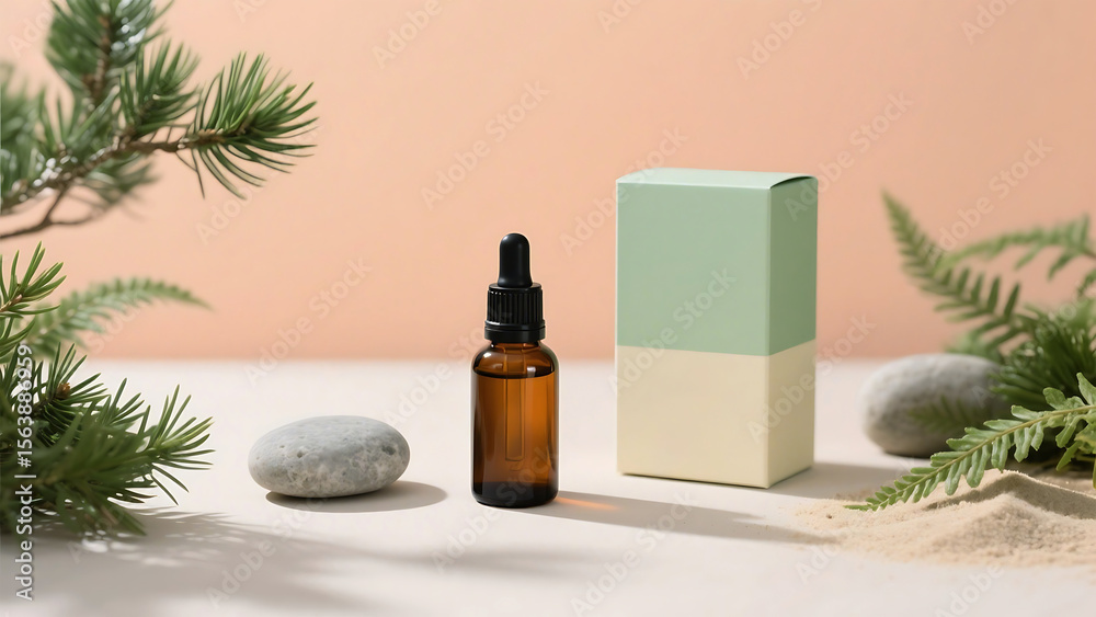 Fototapeta premium Natural skincare product in amber dropper bottle with green and beige box and plants