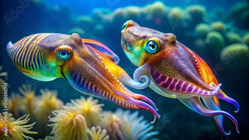 A vibrant underwater duo of flamboyant cuttlefish gracefully swim amidst a colorful coral reef, showcasing their iridescent beauty and intricate patterns. photo