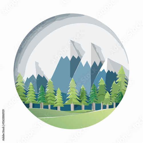 Mountain and Forest Scene: A tranquil mountain and forest scene in a circular frame, featuring snow-capped peaks, verdant trees, and the calming simplicity of a paper-cut illustration.