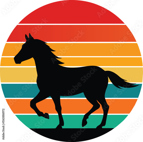 Horse galloping silhouette on retro vintage striped sunset