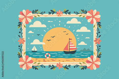 Beautiful Summer Landscape With A Tropical Beach Scene Featuring Sailing Boats Under A Bright Sun Surrounded By A Floral Border And Ocean Waves